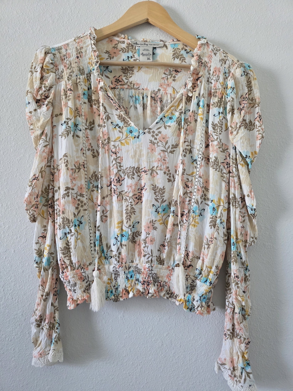 American Rag Women’s Floral Peasant Blouse - Light Cream with Pastel Florals